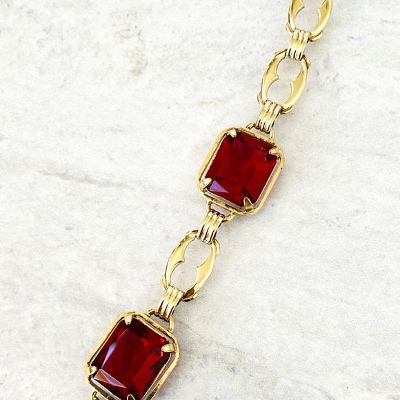 Harry S Bick Ruby Glass Gold Filled Necklace 20 In Vintage Signed Stunner - Picture 7 of 11